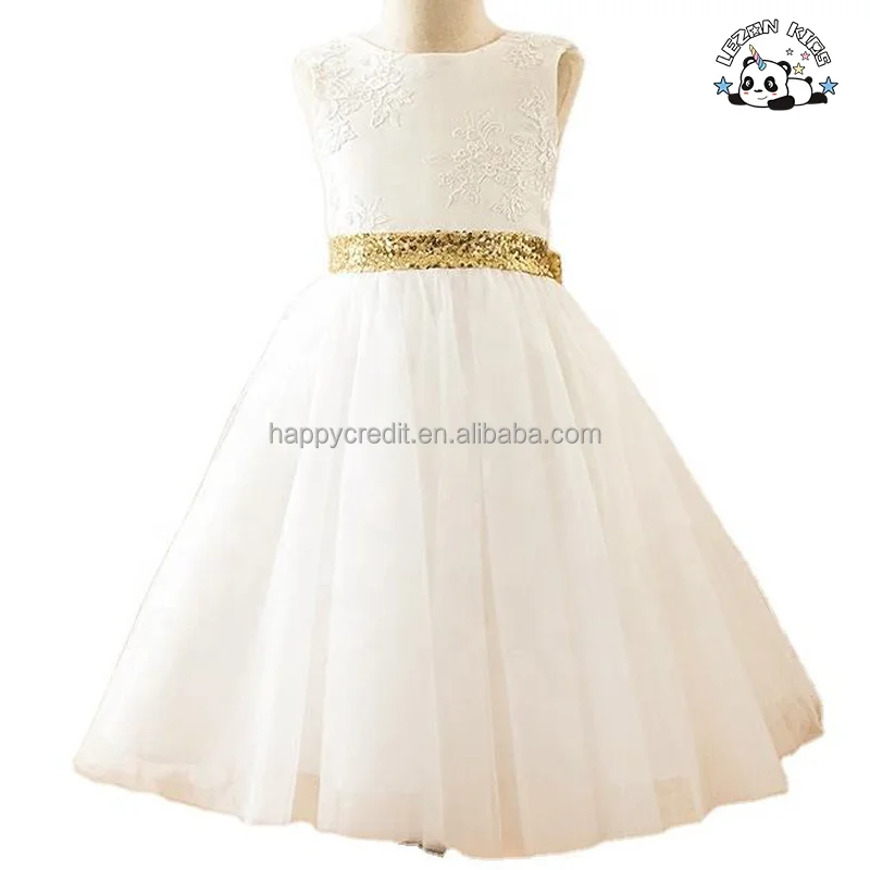 LEZONKIDS - Vestidos de Noiva para Meninas sem Mangas Brancos com Renda e Lantejoulas com Laço para Venda por Atacado